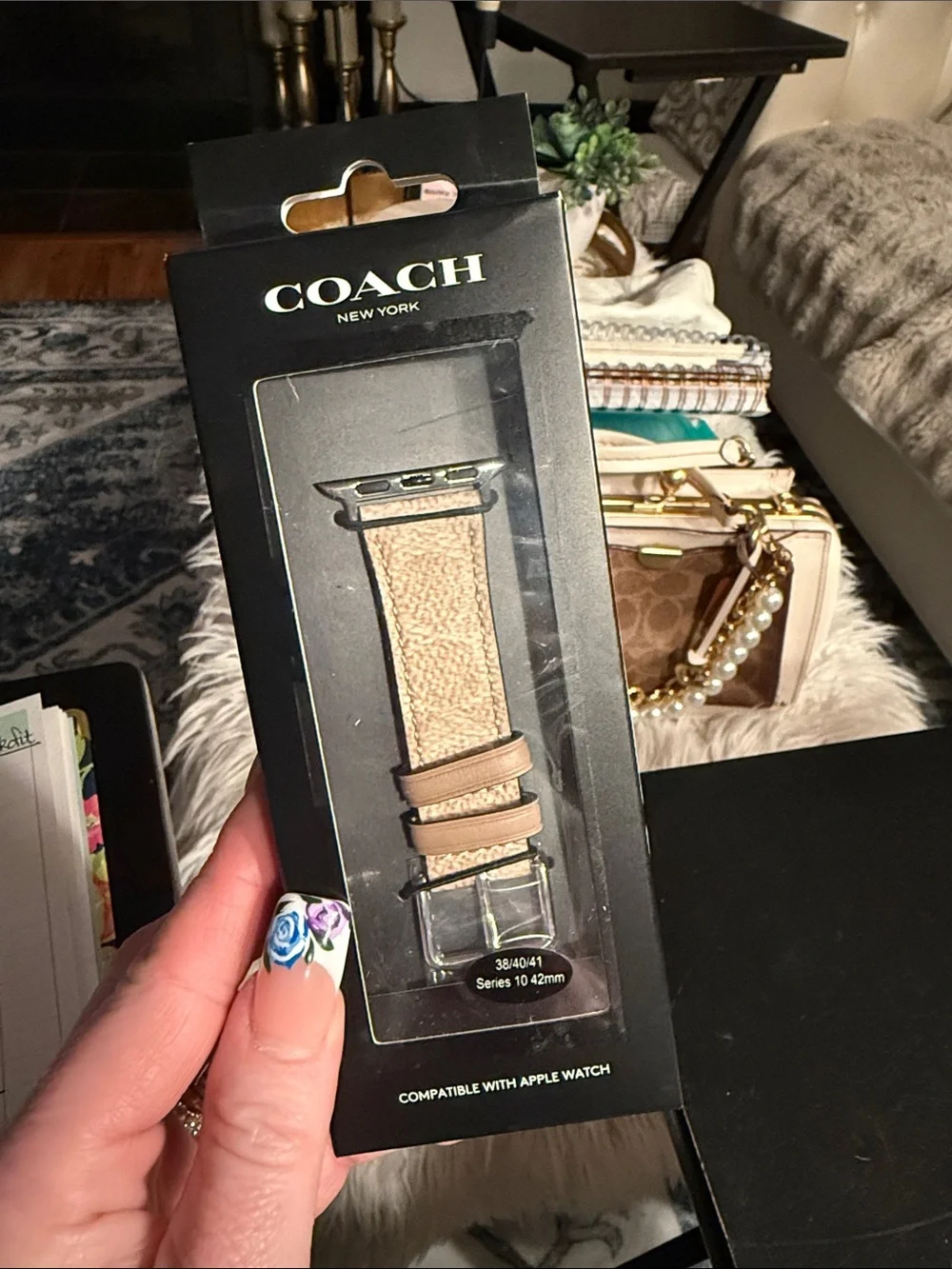 Coach Beige Signature Leather Apple Watch Strap with Tan Trim